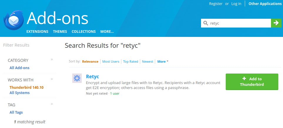 Retyc extension in the Thunderbird Add-ons catalog