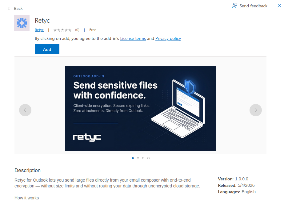 Retyc extension page on AppSource