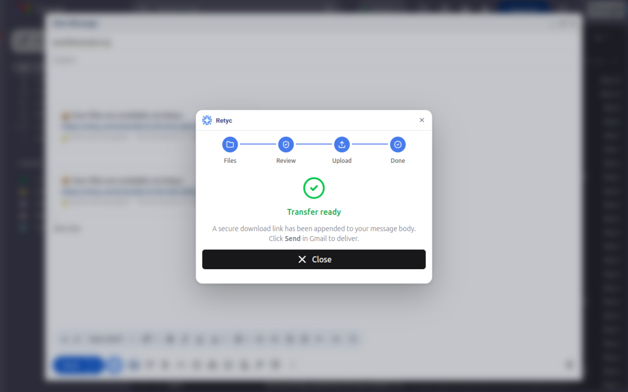 Transfer ready, link added to the message