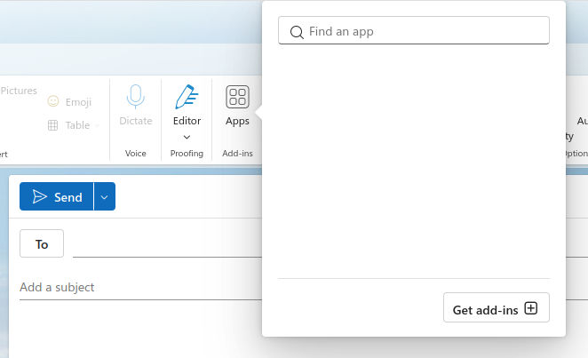 Apps button in the Outlook toolbar