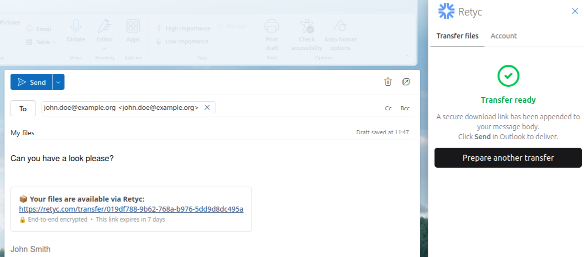 Retyc link inserted in the email — transfer ready