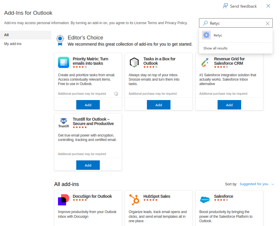 Recherche de Retyc dans AppSource