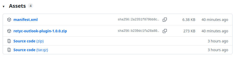 Page des releases GitHub, assets de l'extension Outlook