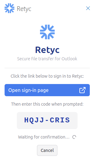 Authentification Retyc, code à saisir dans le navigateur
